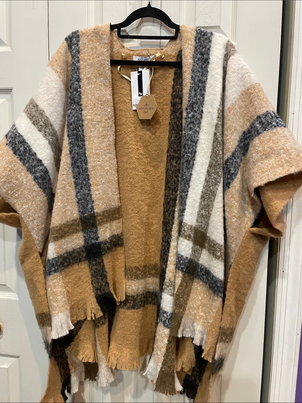 Nine West Camel, Cream & Gray Striped Open Poncho